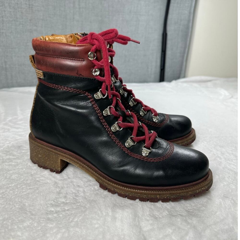 Pikolinos Aspe black 39 boot Bootie Leather Lace up side Zipper Block heel EUC